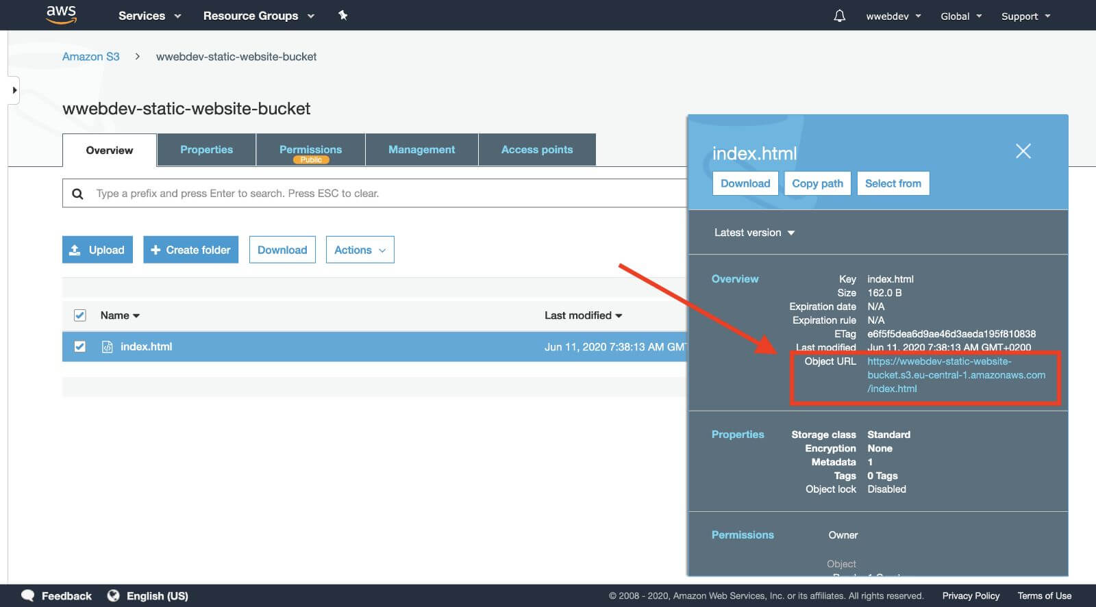 aws s3 url of uploaded index.html