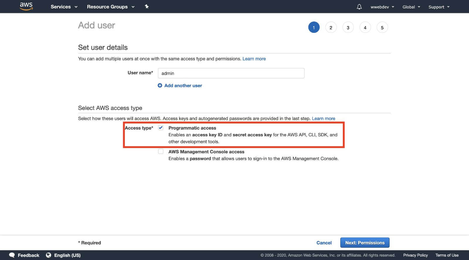 aws iam user create settings