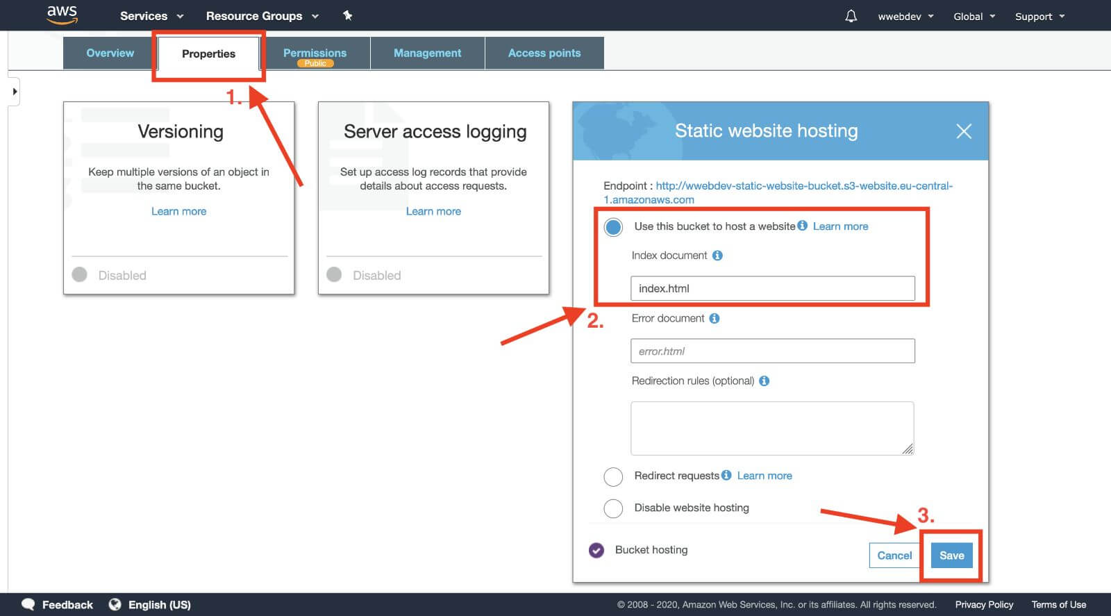 aws s3 bucket enable website