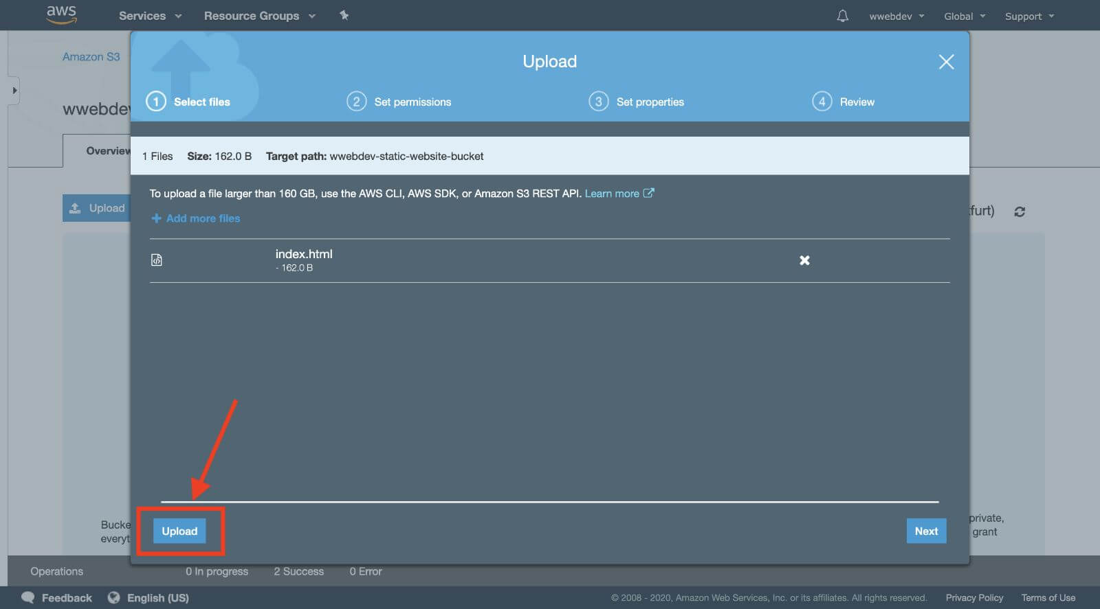 aws s3 upload settings