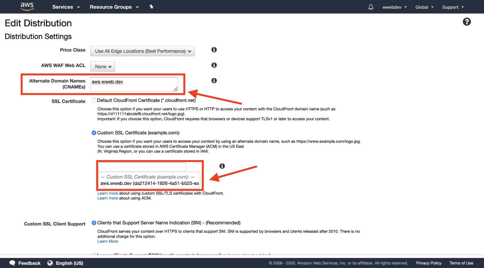 cloudfront add ssl and url