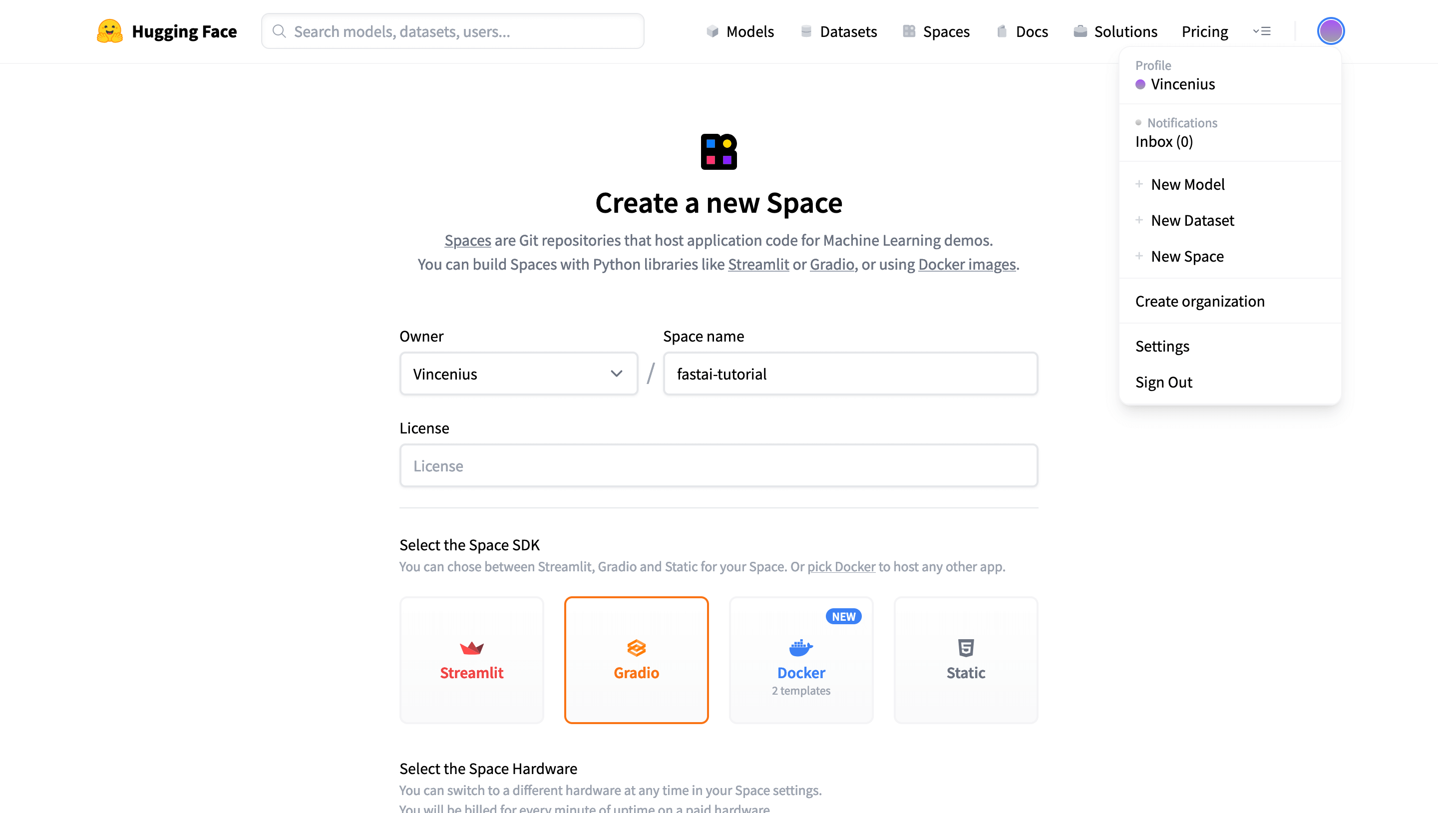 screenshot of a hugging face new space creation