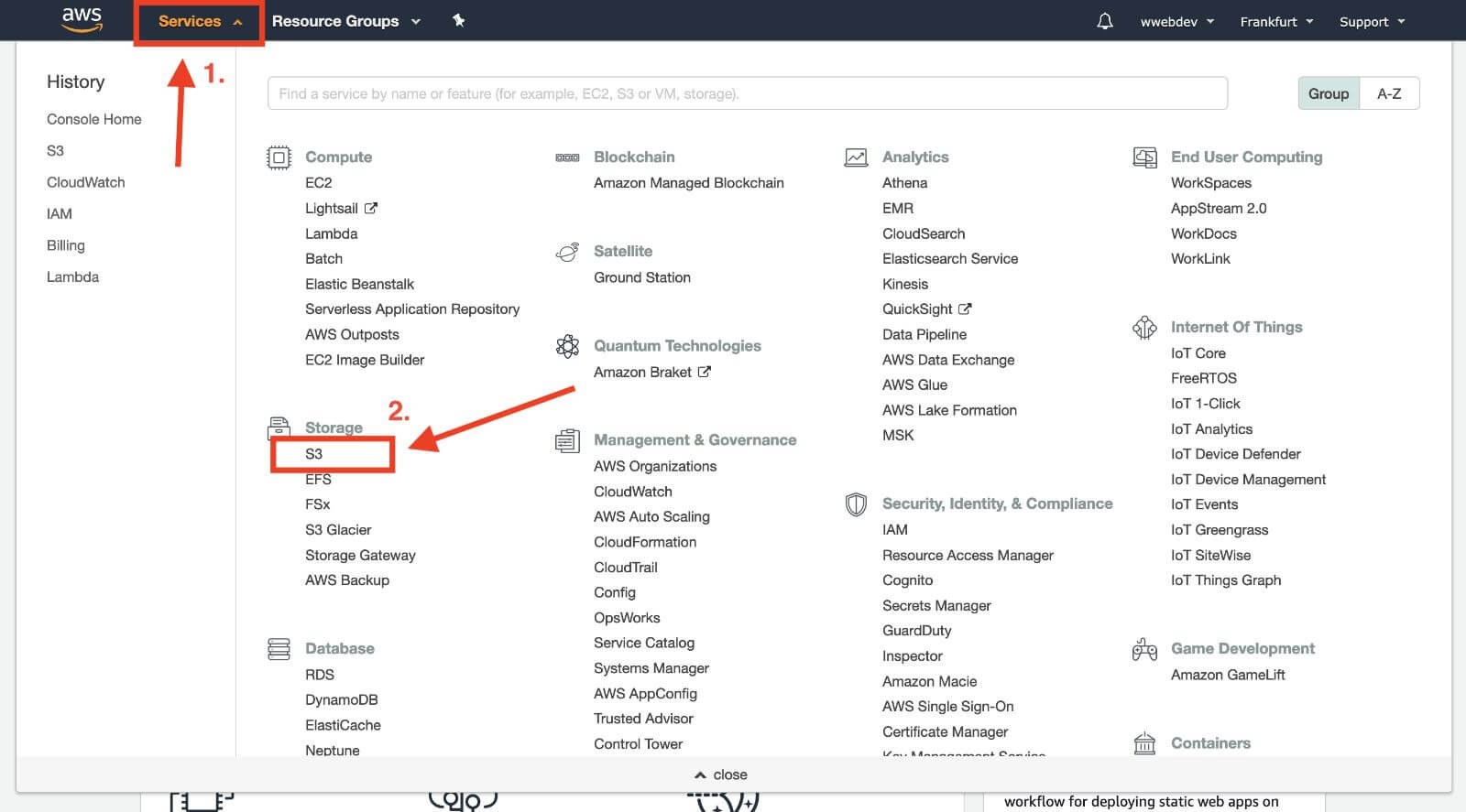 aws s3 service on the top-right menu